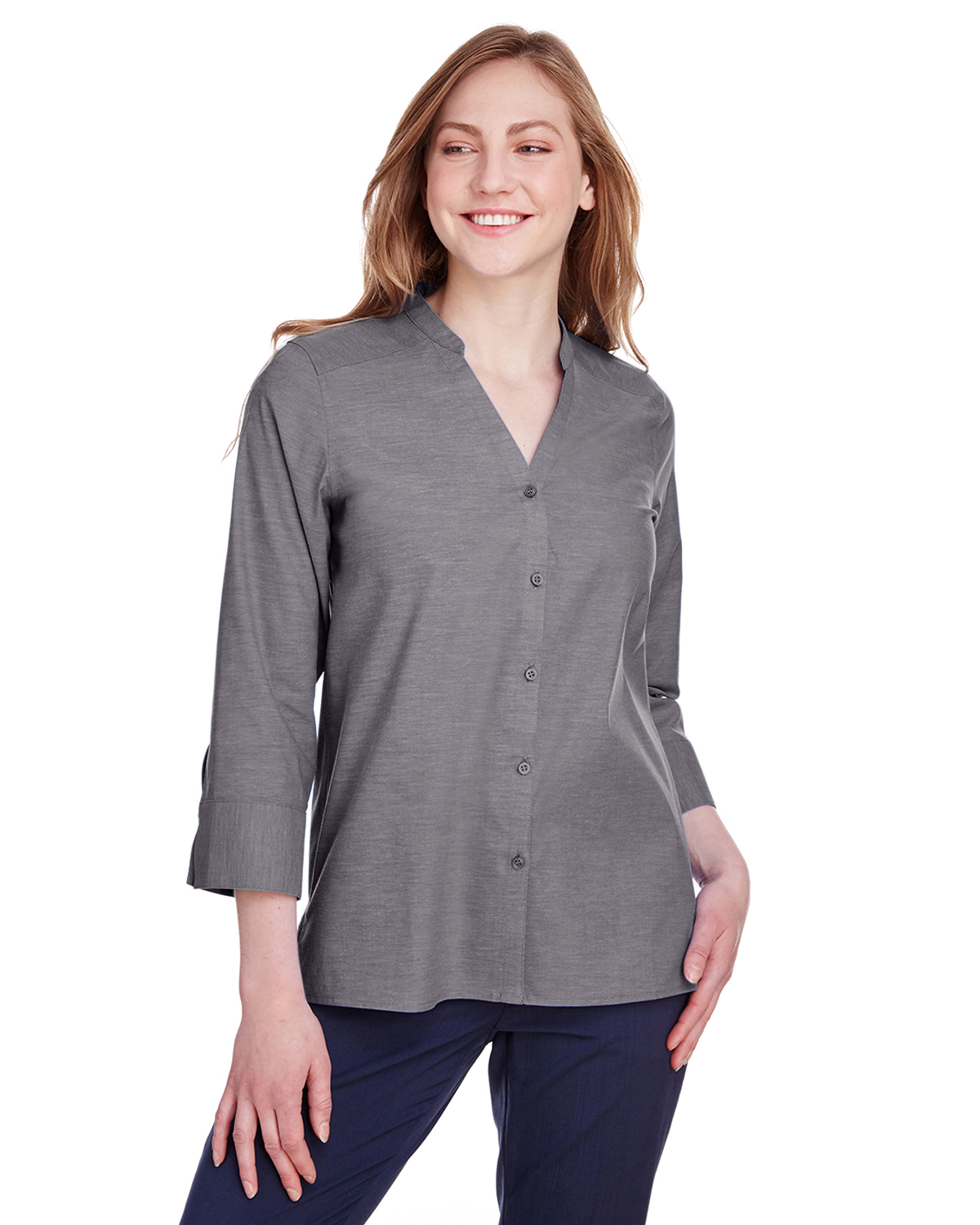 Devon & Jones DG562W Ladies' Crown Collection? Stretch Pinpoint Chambray 3/4 Sleeve Blouse